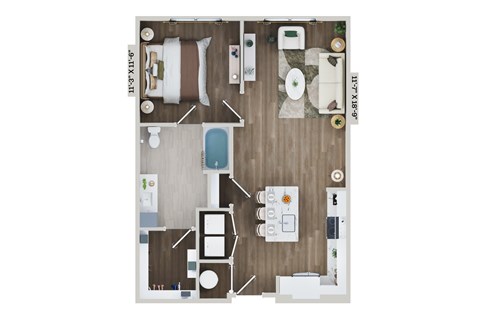 Floor plan for 1 bed, 1 bath, 777 sqft